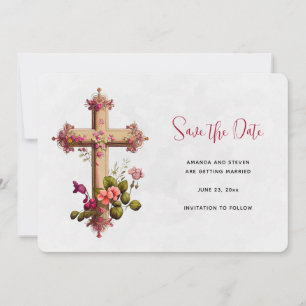 Save The Date Croix élégante aux fleurs roses
