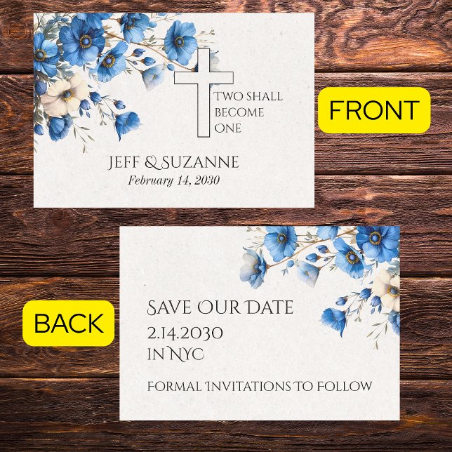 Save The Date Croix Florale Bleue Deux deviennent un Mariage (Blue Floral Cross Two Become One Wedding Save The Date Cards)
