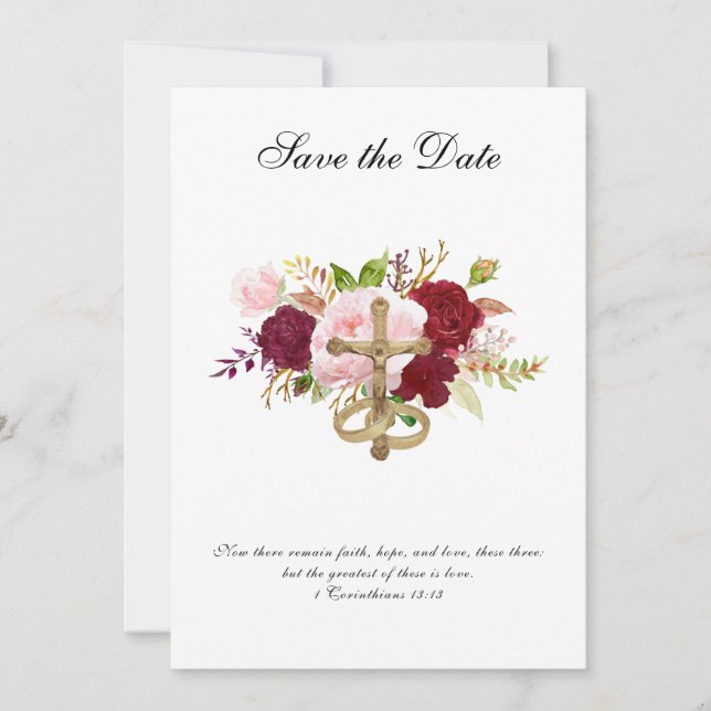 Save The Date Croix religieuse de roses rouges et roses de maria (Devant)