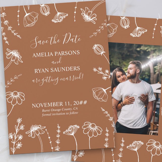 Save The Date Croquis Fleur sauvage orange brûlé photo encadrée (Save the Date Card with Photo in Terracotta Burnt Orange, from my Wildflower Sketch collection)