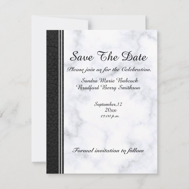 Save The Date Cuir noir mariage et marbre blanc gris (Devant)