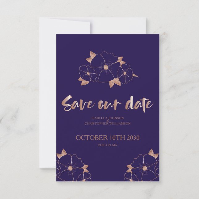 Save The Date Cuivre et bleu floral moderne enregistrer la date (Devant)