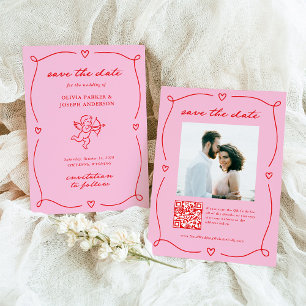 Save The Date Cupidon Fantaisiste Photo et Code QR Rose et Rou