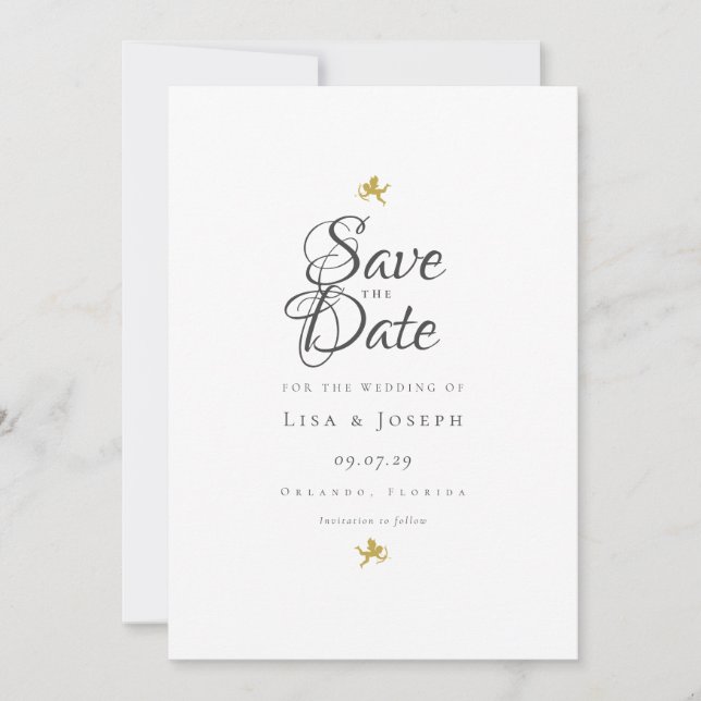 Save The Date Cupidons dorés d'écriture élégante moderne (Devant)