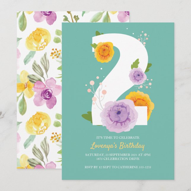 Save The Date Cute aquarelle Floral Enfants 2e fête d'anniversai (Devant / Derrière)