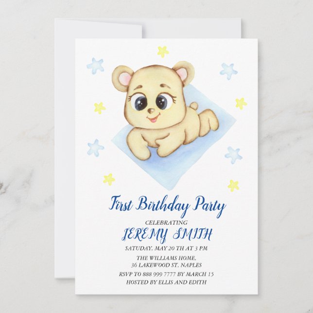 Save The Date Cute Bear Thème Fête d'anniversaire du garçon (Devant)
