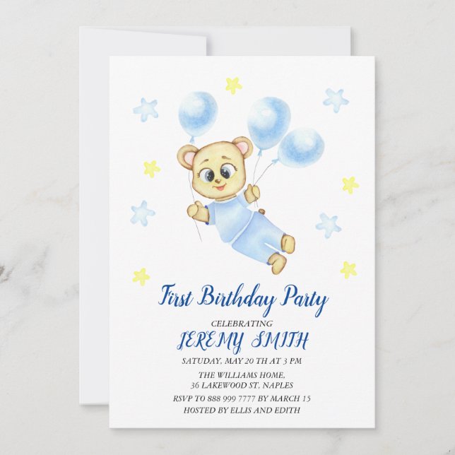 Save The Date Cute Bear Thème Fête d'anniversaire du garçon (Devant)