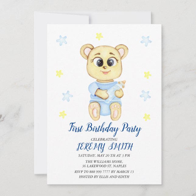 Save The Date Cute Bear Thème Fête d'anniversaire du garçon (Devant)