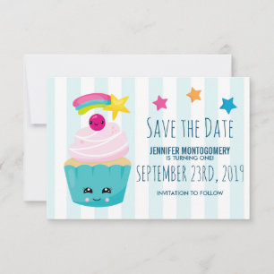 Save The Date Cute Blue Cupcake avec Kawaii Face Anniversaire