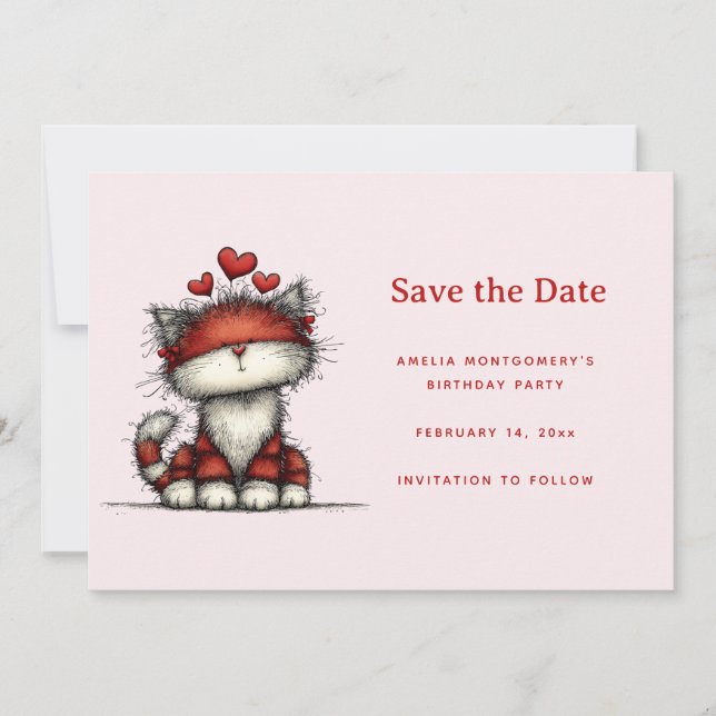 Save The Date Cute Cat with Red Love Hearts (Devant)