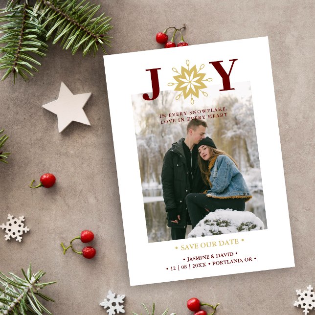 Save The Date Cute Christmas Joy Snowflake Red & Fake Gold Photo (Cute Christmas Joy Snowflake in Red and Gold Photo Holiday Card as a Wedding Save the Date Card.)