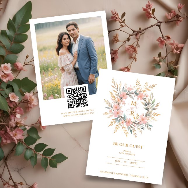 Save The Date Cute Delicate Luxury Pink & Golden Floral Wreath (Cute Delicate Luxury Pink & Fake Golden Wedding Spring Floral Wreath Photo Save the Dates Cards.)