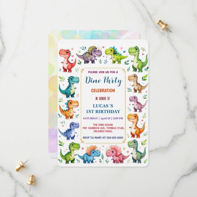 Save The Date Cute DIno Baby Dinosaures 1er fête d'anniversaire  (Devant/Arrière en situation)