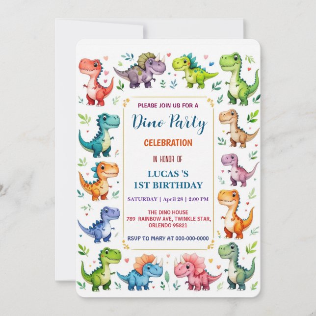 Save The Date Cute DIno Baby Dinosaures 1er fête d'anniversaire  (Devant)