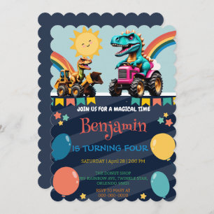 Save The Date Cute dinosaure tracteur camion arc-en-ciel garçon