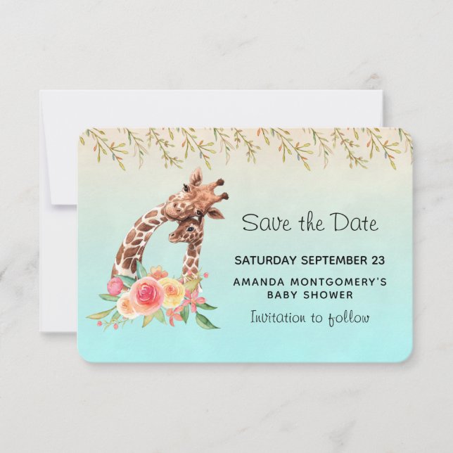 Save The Date Cute Giraffe Aquarelle Maman & Babe Baby shower (Devant)