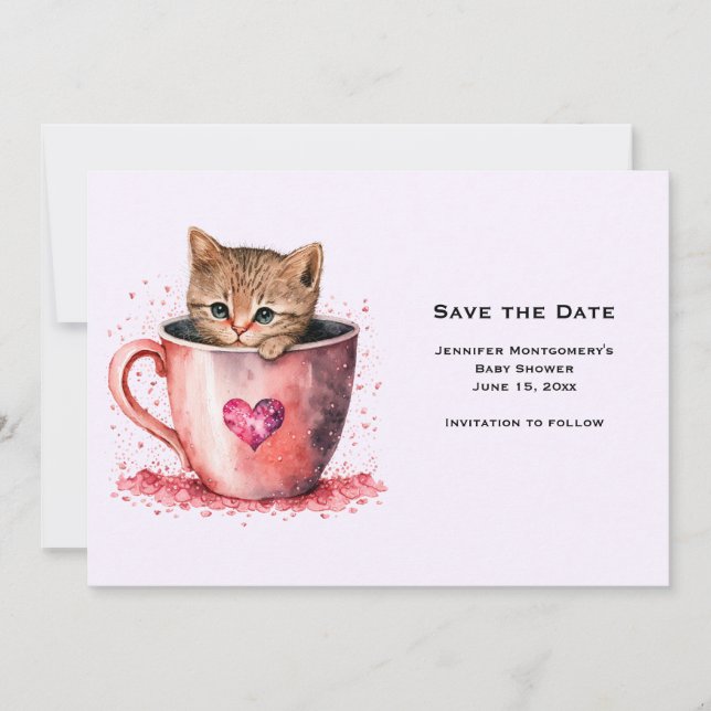 Save The Date Cute Kitten Brown dans une Tea up (Devant)