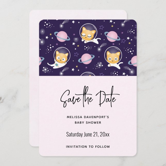 Save The Date Cute Kitty Chat Astronauts Motif Sauvez la date (Devant / Derrière)