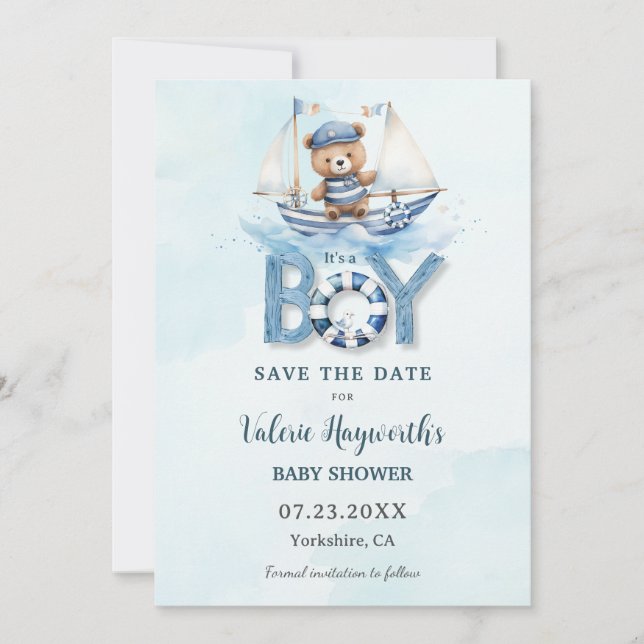 Save The Date Cute Nautical Blue Boat Teddy Bear Boat Baby showe (Devant)