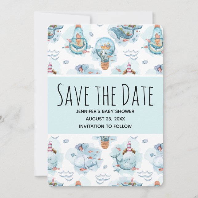 Save The Date Cute Nautical Whales Motif Aquarelle Enregistrer D (Devant)