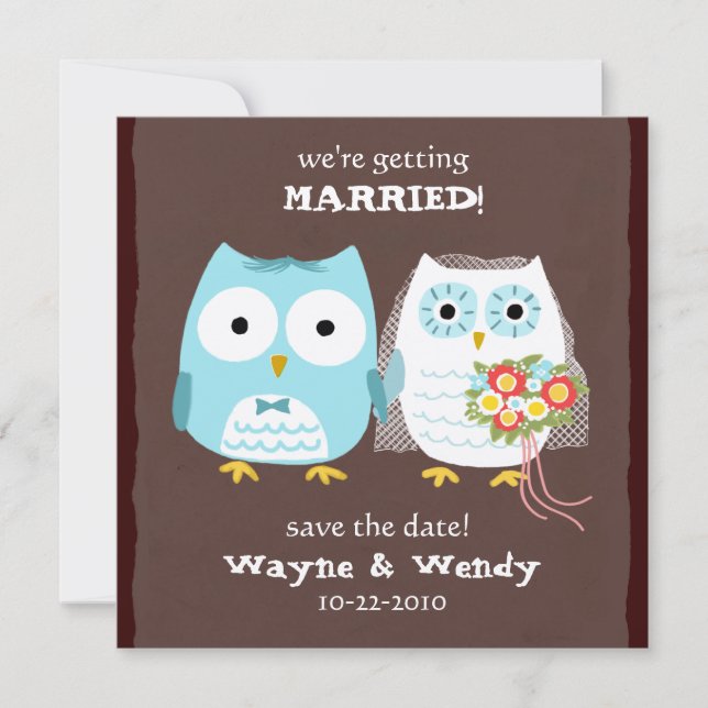 Save The Date Cute Owls Mariage mariée et chambre Enregistrer la (Devant)
