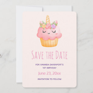 Save The Date Cute Pink Cupcake Unicorn avec Rose Anniversaire