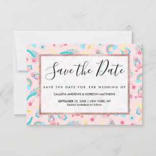 Save The Date Cute Pink Teal Unicorn Rainbow