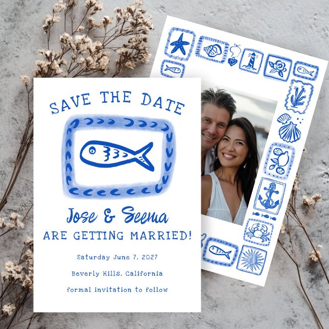 Save The Date Cute Poisson Main Draet Sweet Beach Photo personna (Cute Fish Hand Drawn Sweet Beach Custom Photo Save The Date Invitation Card
)