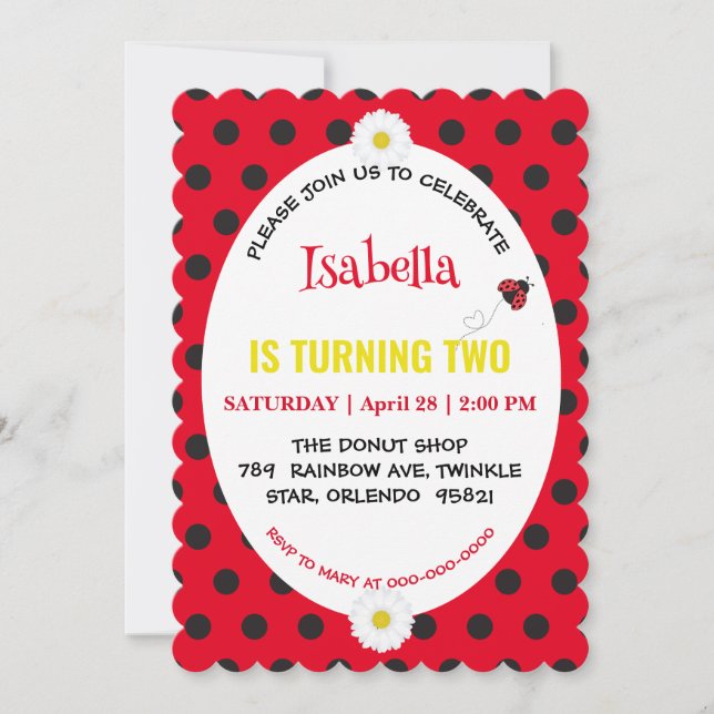 Save The Date Cute Polka dot Ladybug Daisy Anniversaire de enfan (Devant)