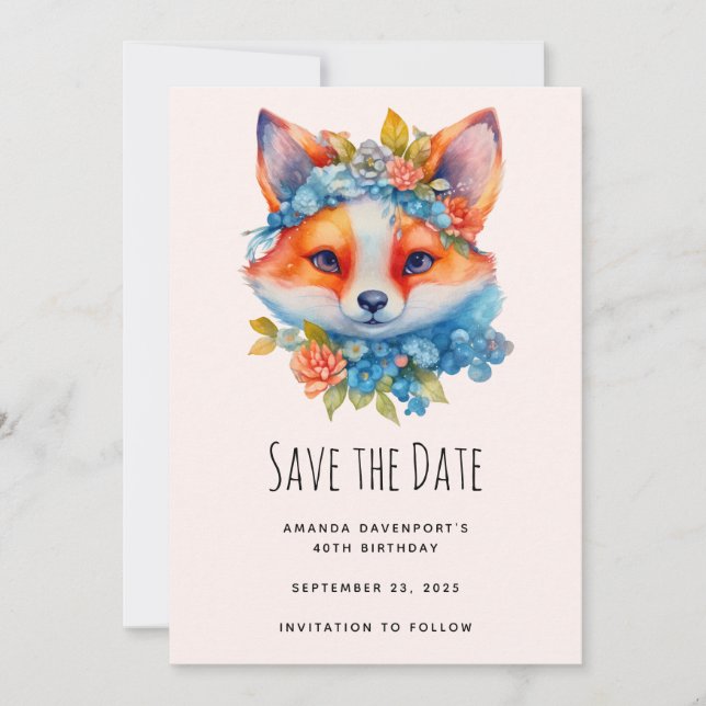 Save The Date Cute Renard orange avec Couronne florale Anniversa (Devant)