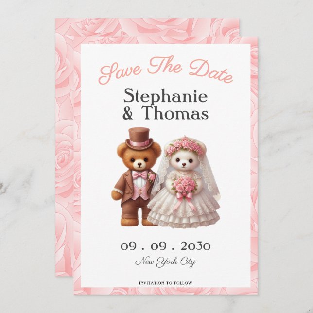 Save The Date Cute Romantic Teddy Bear Groom and Bride Mariage (Devant / Derrière)