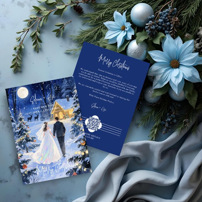 Save The Date Cute Scene Enchanted Christmas Forest Wedding (Cute Night Scene Enchanted Christmas Forest Wedding Couple Save the Date Cards with QR Code.)