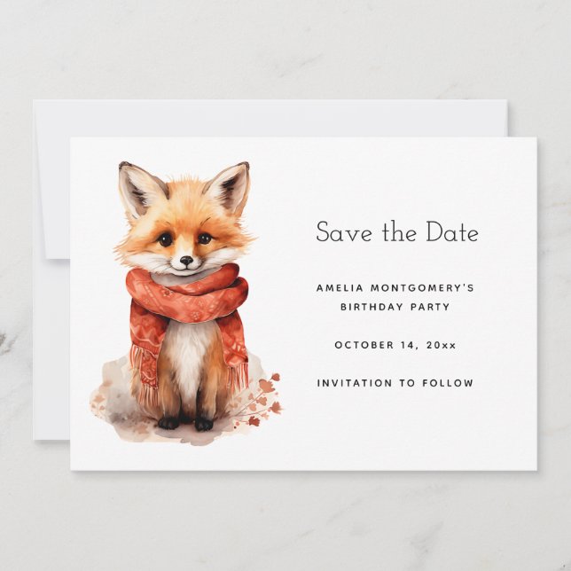 Save The Date Cute Smiling Fox Pup in a Red Scarf (Devant)