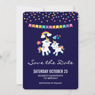 Save The Date Cute Unicorns Magique Arc-en-ciel & Étoiles Annive
