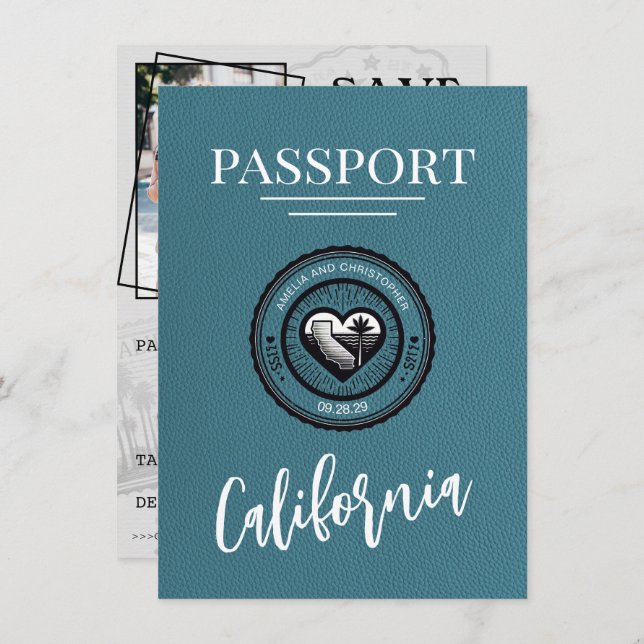 Save The Date Cyan California Passport Enregistrer La Date (Devant / Derrière)