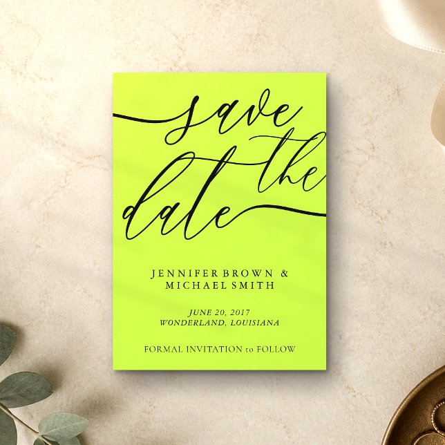 Save The Date Cyber Lime Jet Black Calligraphie Photo Personnali (Créateur téléchargé)