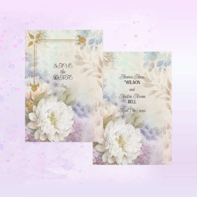 Save The Date Dahlias blancs avec des accents de pastel violet e (Créateur téléchargé)