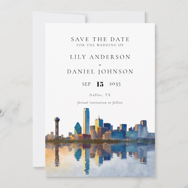 Save The Date Dallas Skyline Watercolor Photo Wedding (Devant)
