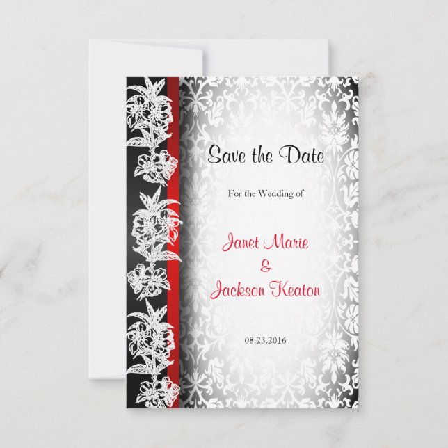 Save The Date Damas Mariage moderne en blanc, noir et rouge (Devant)