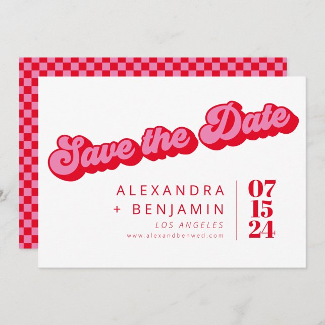 Save The Date Damier rose rouge gras rétro mode (Devant / Derrière)