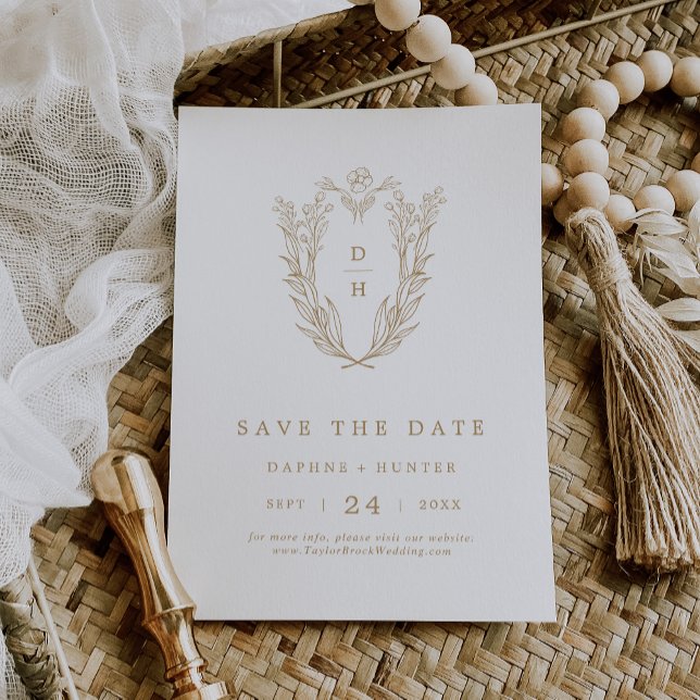Save The Date DAPHNE Classy Gold White Crest Boho Simple Mariage (DAPHNE Classy Gold White Crest Boho Simple Wedding Save The Date)