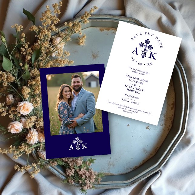 Save The Date Dark Blue Ornate Christian Cross Wedding Initials (Dark Blue Ornate Christian Cross Minimalist Wedding Save the Date Cards with Initials and Back Photo)