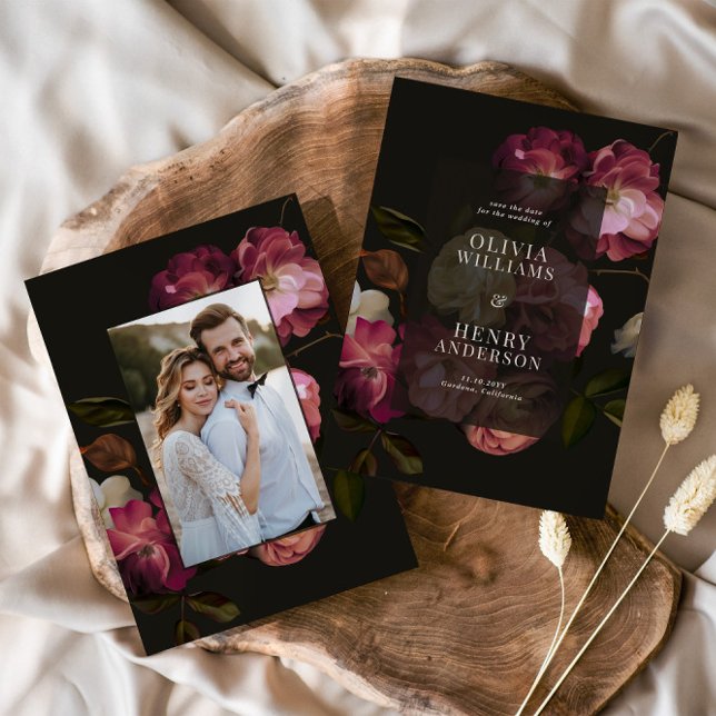Save The Date Dark Burgundy Floral Moody Black Elegant Romantic (Créateur téléchargé)