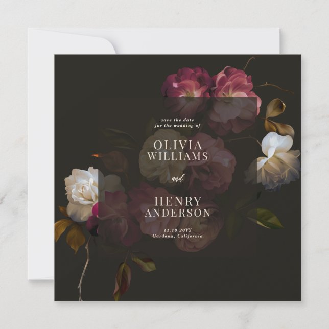 Save The Date Dark Burgundy Floral Moody Black Elegant Romantic (Devant)