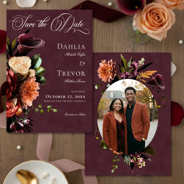 Save The Date Dark Elegant Autumn Floral Burgundy Photo Wedding (Créateur téléchargé)