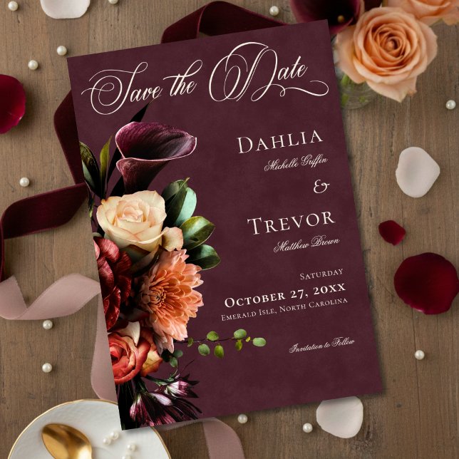 Save The Date Dark Elegant Autumn Floral Burgundy Wedding (Créateur téléchargé)