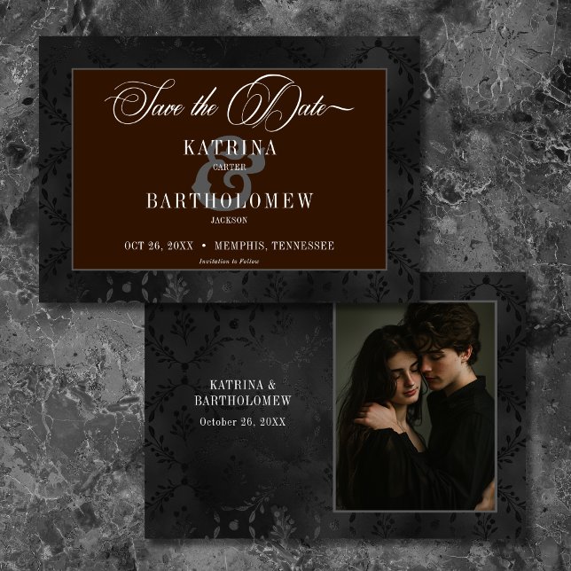 Save The Date Dark Gothique Noir Floral Satin Damask Photo Brown (Dark Gothic Black Floral Satin Damask Brown Photo Save The Date)
