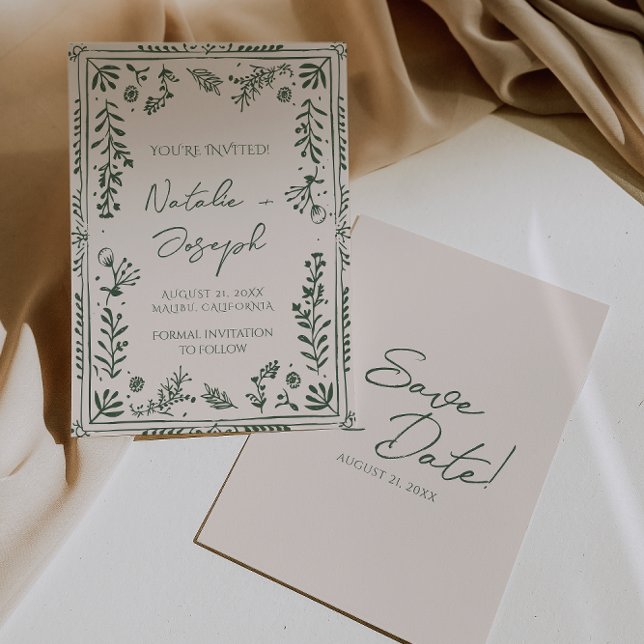 Save The Date Dark Green Hand Drawn Floral Garden Boho Wedding  (Créateur téléchargé)