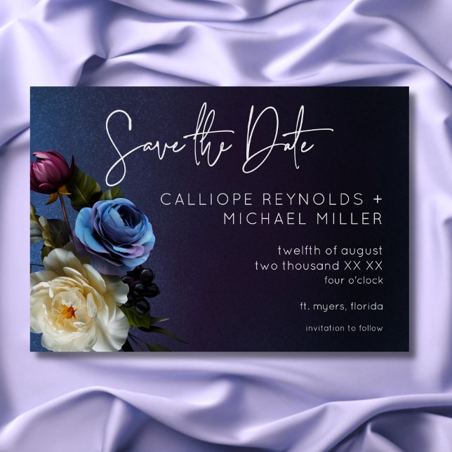 Save The Date Dark Moody Blue Lavender Floral Moderne Mariage (Dark Moody Blue Lavender Floral Modern Wedding Save The Date)