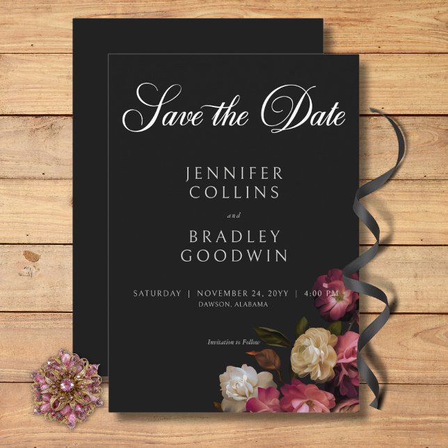 Save The Date Dark Moody Bourgogne & Cream Peonies Mariage noir (Dark Moody Burgundy & Cream Peonies Black Save the Date)